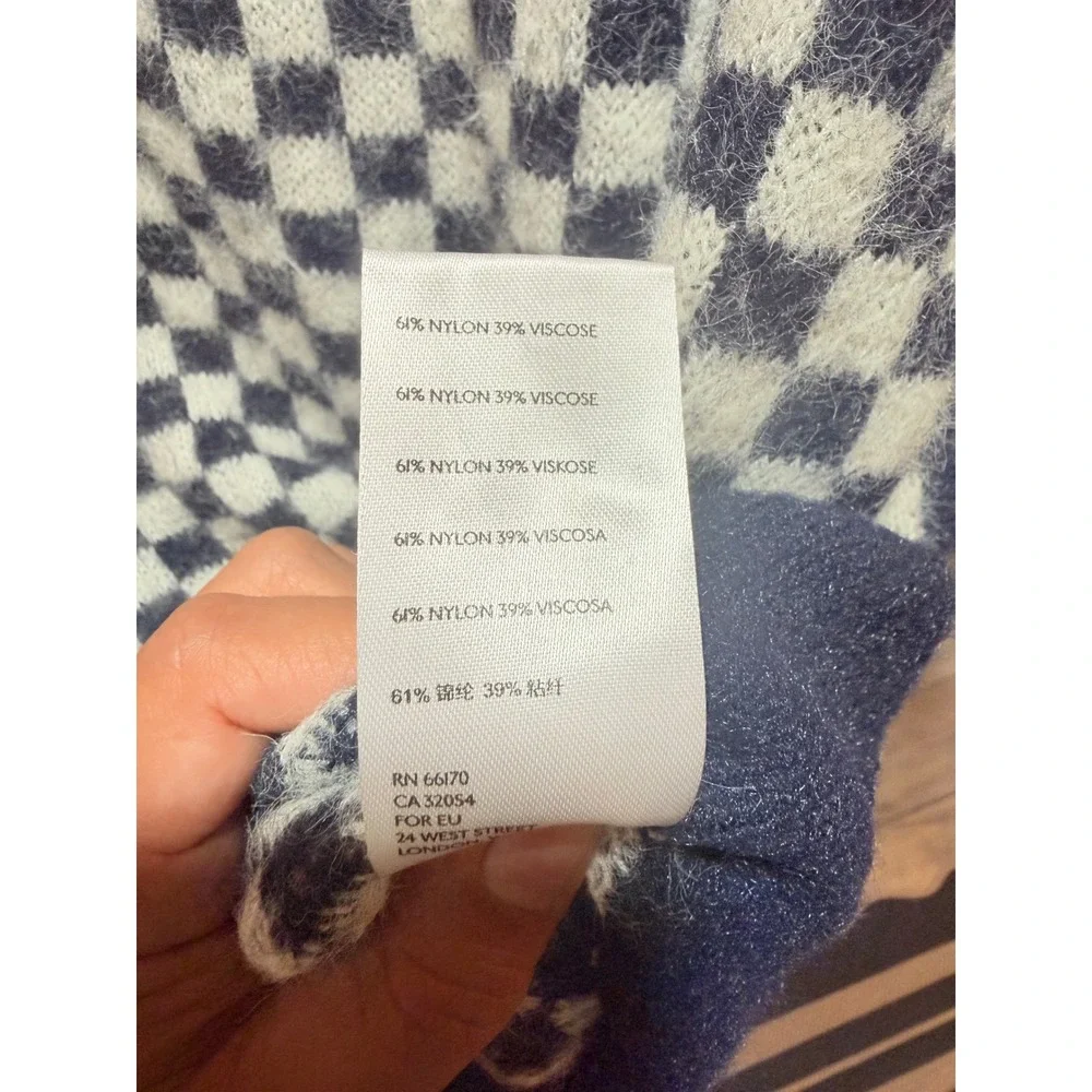 Free People Checkered V-Neck Short Sleeve Sweater Navy Blue Cream Small